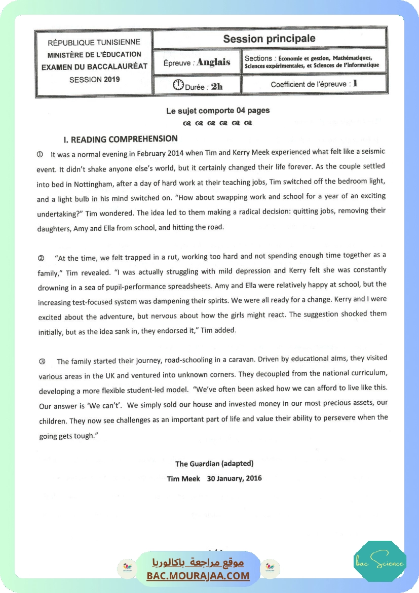 Sujet principale anglais Bac 2019 – Section science
